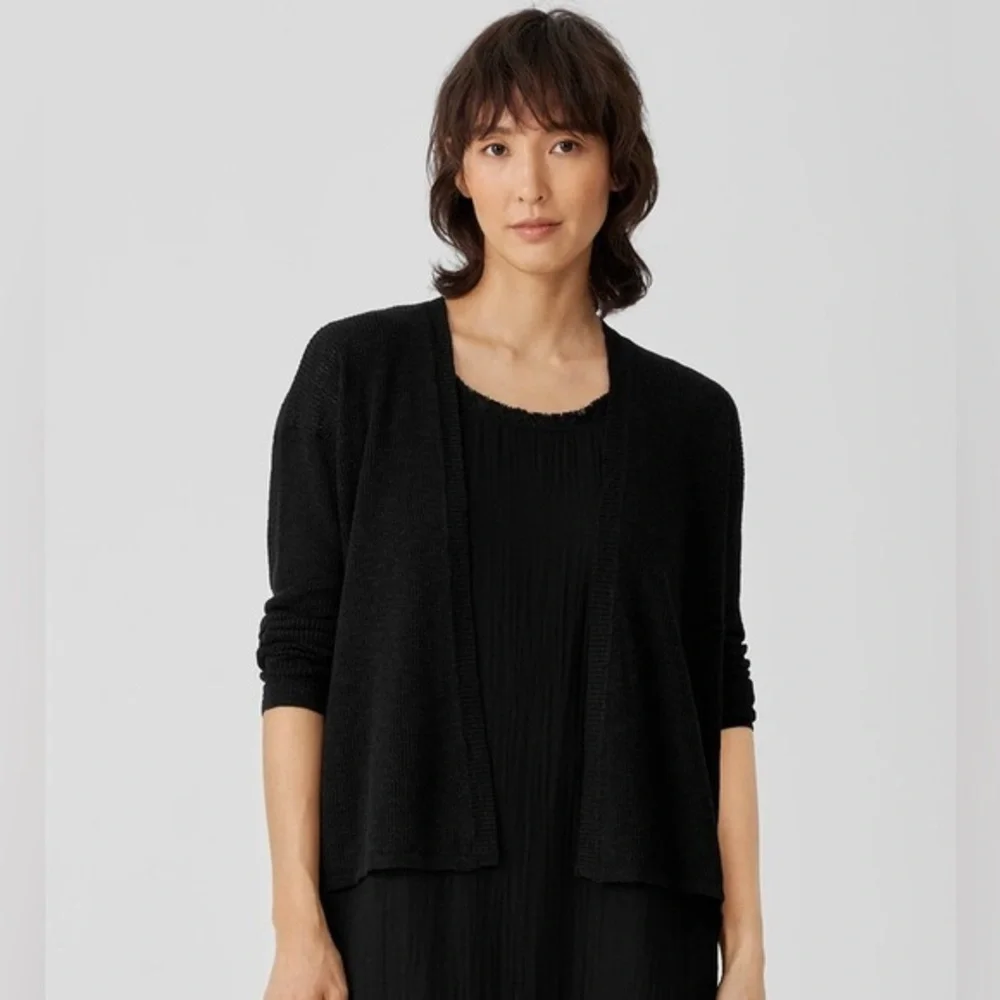 Eileen Fisher Black Open Front Knit Cardigan Wool/Cashmere/Silk Blend Medium